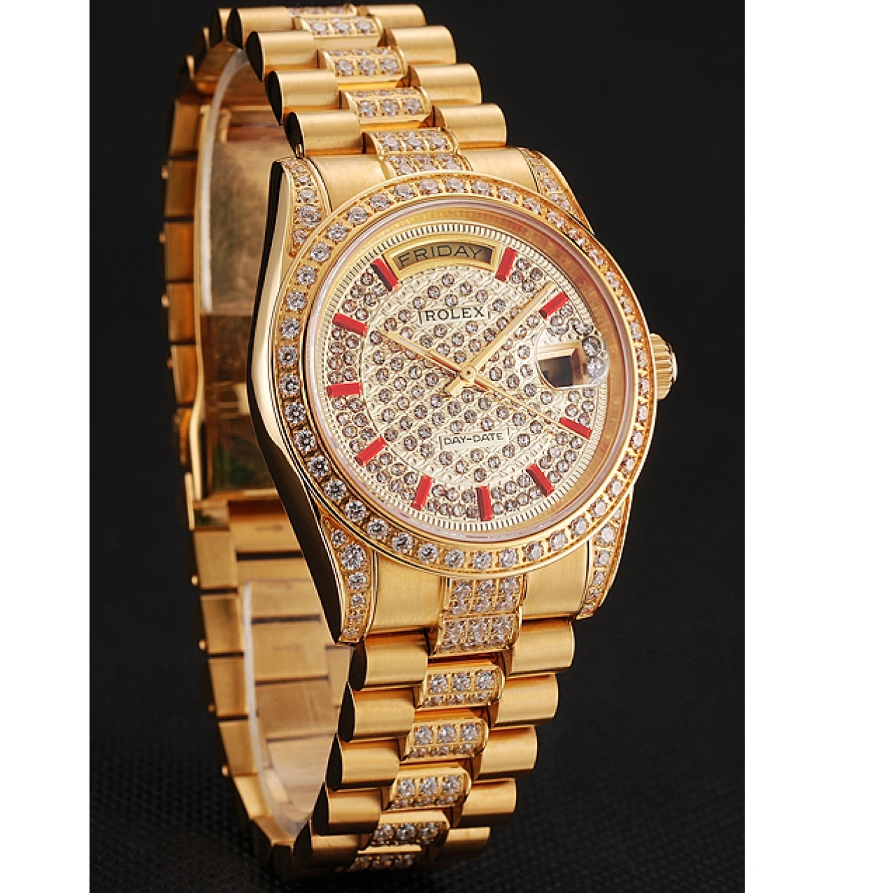 MiroTime 1015 Swiss Rolex Day-Date Red Diamond Pave Dial Gold Diamond Bracelet 1453960